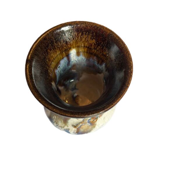 Vtg Studio Art Mini Vase Pottery Drip Glaze Embossed Forms Beige Brown Unsigned - Picture 2 of 8